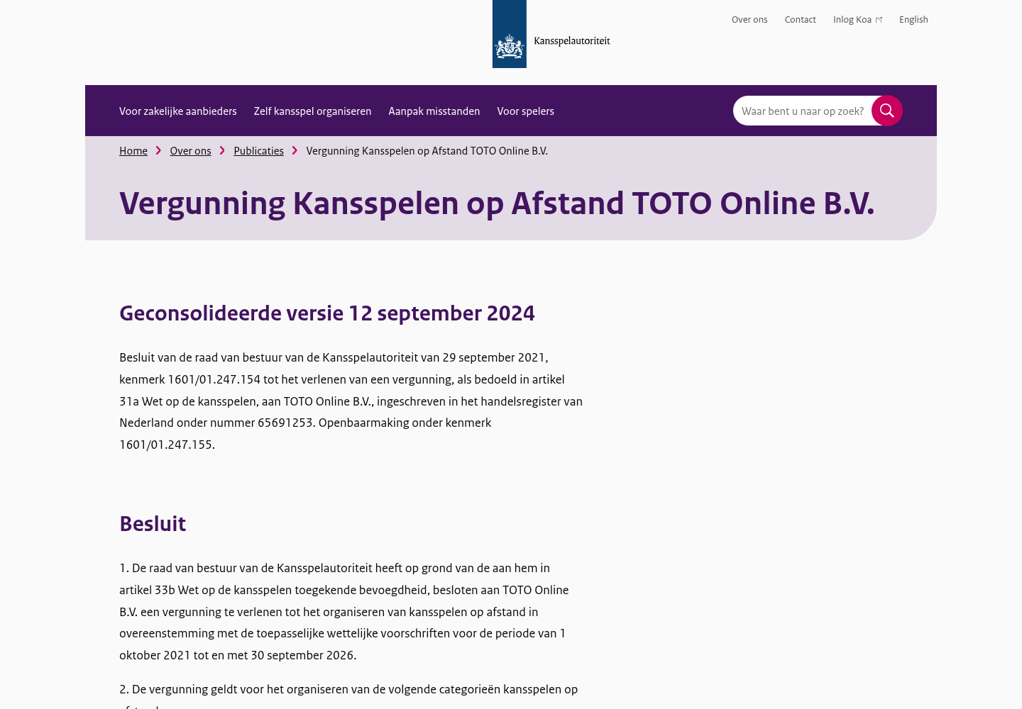 Tweede primaire bron voor TOTO Online