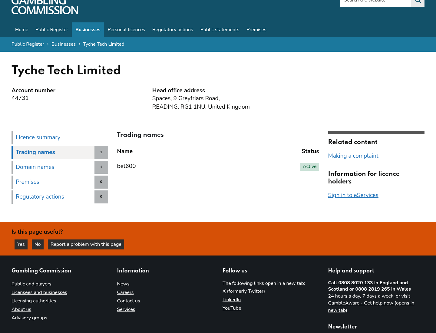 Bewijscapture van gamblingcommission.gov.uk