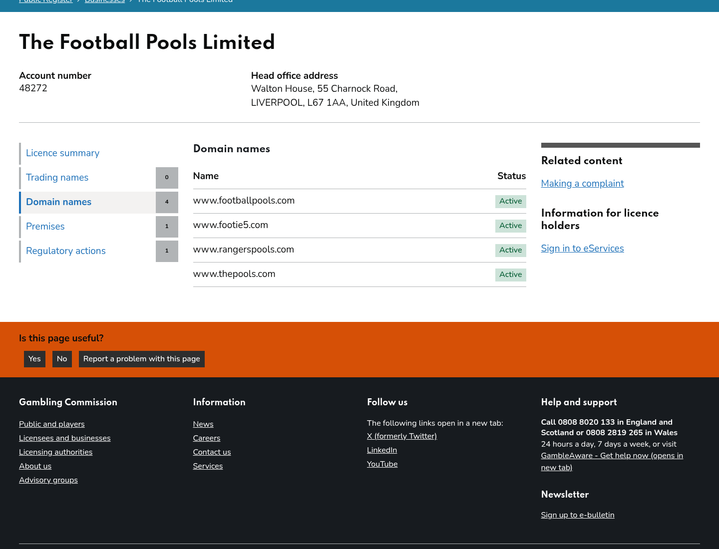 Bewijscapture van gamblingcommission.gov.uk